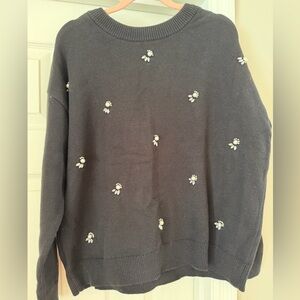 LOFT Black Sweater with Pearl & Rhinestone Embellishment
